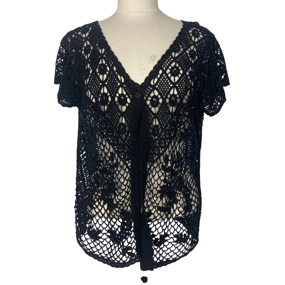 Vintage Y2K Crochet Black Short Sleeve  Cardigan Medium Cotton Whimsigoth Boho
